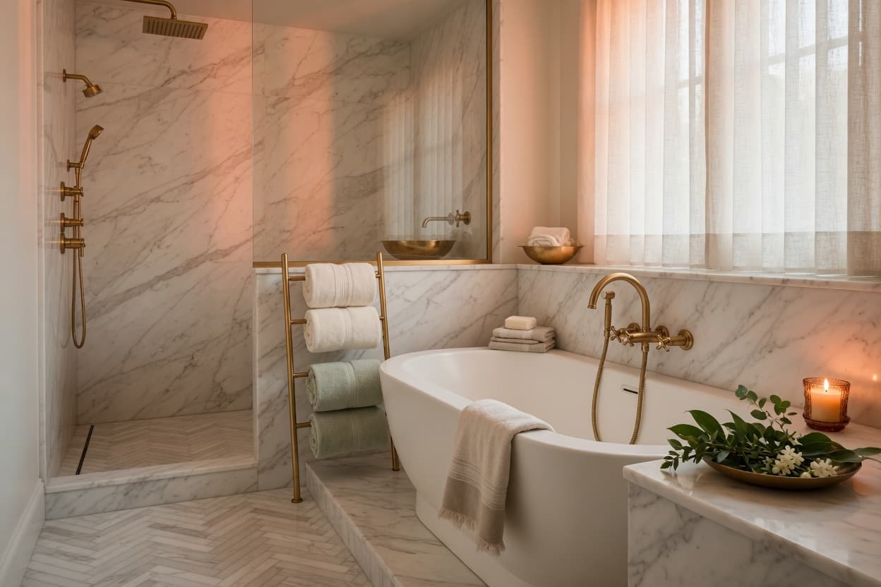 Marble, soft towels and a deep soak — the small luxuries that make a room feel like a retreat.