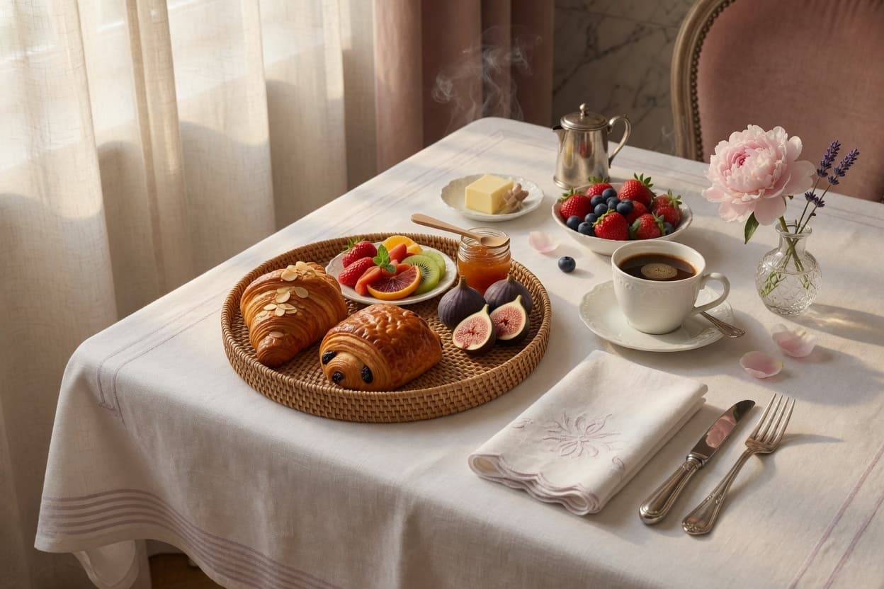 A generous Tuscan spread every morning — warm pastries, fruit from the garden and coffee on the terrace.