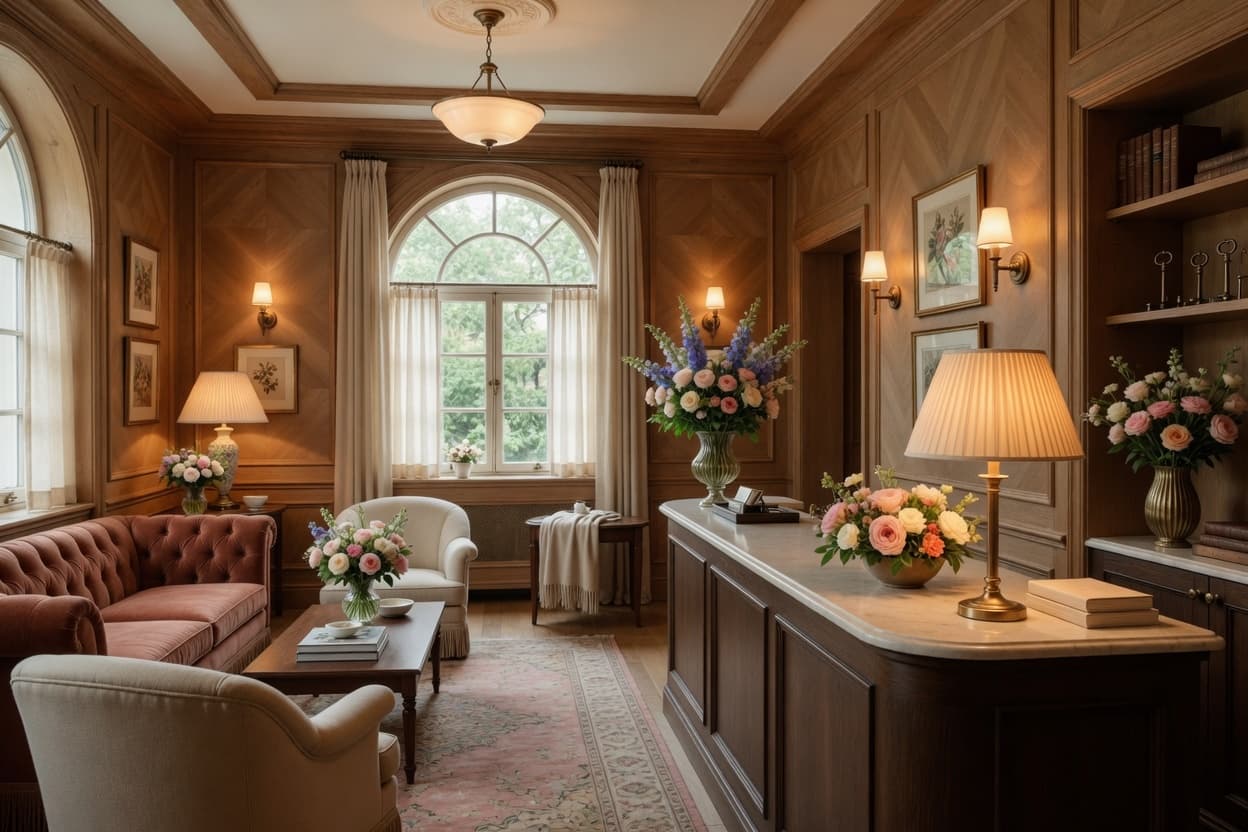 A warm welcome at the front desk — panelled wood, fresh flowers and a quiet corner to settle into on arrival.