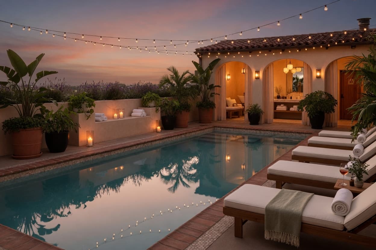 A quiet pool under the stars and string lights, with loungers and lavender — the most restful corner of the villa.