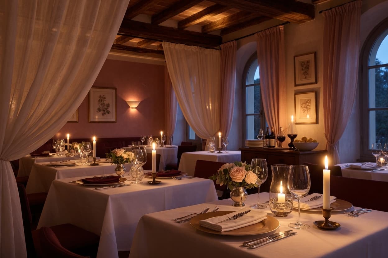 Candlelit tables under hand-hewn beams in The Halcyon's restaurant