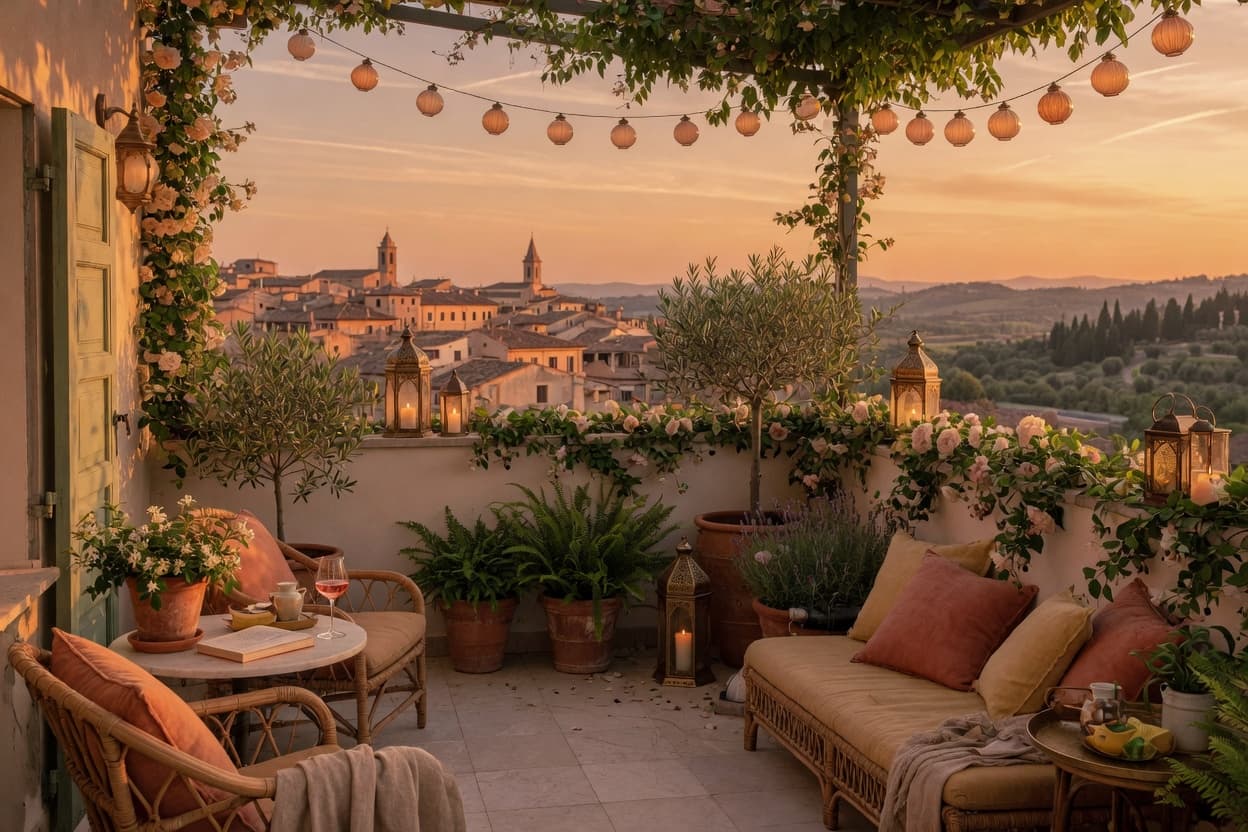 The Halcyon's terrace at golden hour, looking over the olive groves and the old town